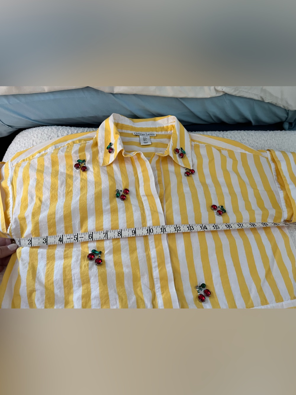 Christian Lacroix Yellow & White Striped Button-Down with Cherry Embellishments - Picture 8 of 9